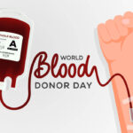 विश्व रक्तदाता दिवस (World Blood Donor Day) को दर्शाता एक चित्र, जिसमें रक्त की थैली, रक्तदान कर रहा हाथ और जागरूकता संदेश प्रदर्शित किया गया है।