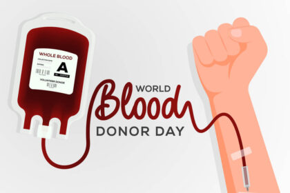 विश्व रक्तदाता दिवस (World Blood Donor Day) को दर्शाता एक चित्र, जिसमें रक्त की थैली, रक्तदान कर रहा हाथ और जागरूकता संदेश प्रदर्शित किया गया है।