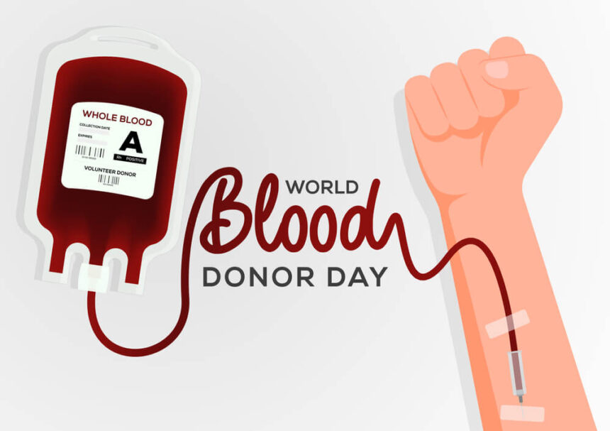 विश्व रक्तदाता दिवस (World Blood Donor Day) को दर्शाता एक चित्र, जिसमें रक्त की थैली, रक्तदान कर रहा हाथ और जागरूकता संदेश प्रदर्शित किया गया है।