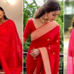 पारंपरिक भारतीय परिधान में तैयार महिला, हल्के रंग की साड़ी पहने, न्यूड मेकअप और सिंपल ज्वेलरी के साथ नवरात्रि पूजा के लिए तैयार।