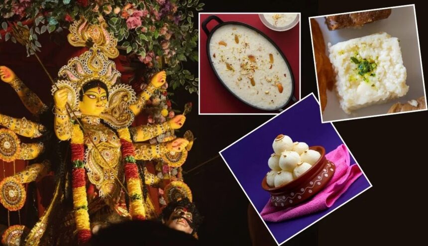 नवरात्रि 2025 के पहले दिन मां शैलपुत्री को अर्पित किए जाने वाले सफेद मिष्ठान - मखाने की खीर, मलाई लड्डू और कलाकंद सजाकर पूजा के लिए तैयार।