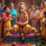 कन्या पूजन में छोटी बच्चियों को उपहार देते हुए महिला – थाली में चॉकलेट, हेयर क्लिप्स, स्टेशनरी और पर्स के साथ