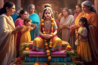 कन्या पूजन में छोटी बच्चियों को उपहार देते हुए महिला – थाली में चॉकलेट, हेयर क्लिप्स, स्टेशनरी और पर्स के साथ