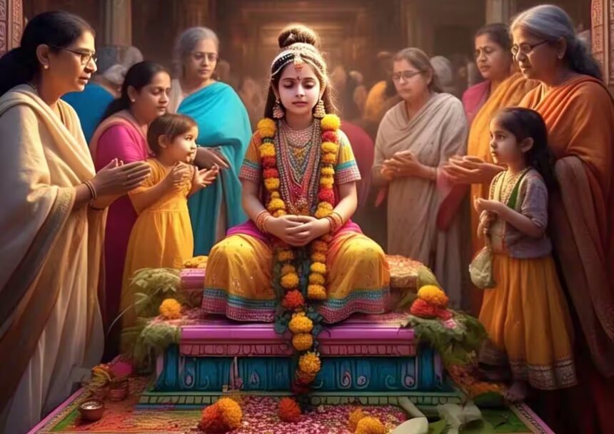 कन्या पूजन में छोटी बच्चियों को उपहार देते हुए महिला – थाली में चॉकलेट, हेयर क्लिप्स, स्टेशनरी और पर्स के साथ