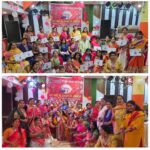 महिलाएं और बच्चे पारंपरिक परिधानों में डांडिया खेलते हुए, नवरात्रि उत्सव के दौरान रंग-बिरंगी छड़ियों के साथ नृत्य करते हुए।