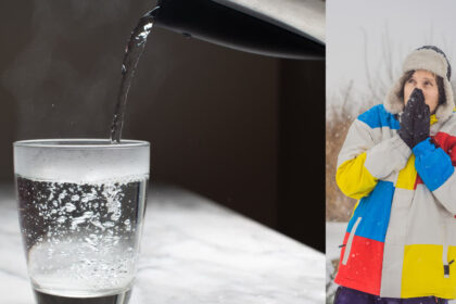 सर्दियों में पानी पीते हुए व्यक्ति की तस्वीर