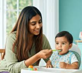 6 महीने के बच्चे को फल और सब्ज़ियों की प्यूरी खिलाती माँ