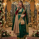 सर्दियों की शादी में वेलवेट ब्लाउज़ और शॉल के साथ स्टाइलिश साड़ी पहने महिला