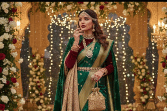 सर्दियों की शादी में वेलवेट ब्लाउज़ और शॉल के साथ स्टाइलिश साड़ी पहने महिला