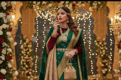 सर्दियों की शादी में वेलवेट ब्लाउज़ और शॉल के साथ स्टाइलिश साड़ी पहने महिला