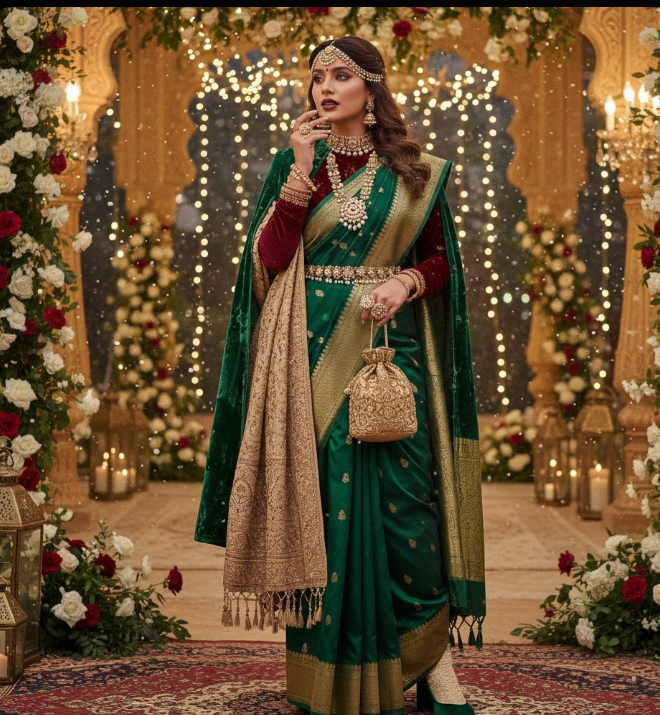 सर्दियों की शादी में वेलवेट ब्लाउज़ और शॉल के साथ स्टाइलिश साड़ी पहने महिला