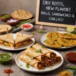 रात की बची हुई रोटी से बने स्वादिष्ट रोल, सैंडविच और बेसन रोटी चिला की प्लेट।