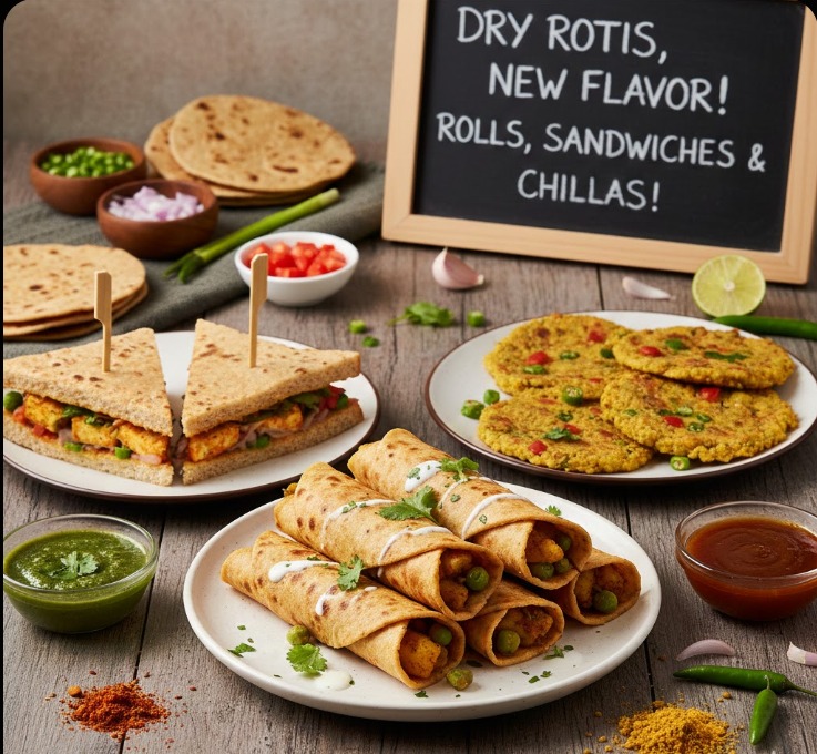 रात की बची हुई रोटी से बने स्वादिष्ट रोल, सैंडविच और बेसन रोटी चिला की प्लेट।
