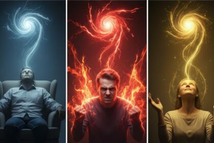 आकर्षण के नियम (Law of Attraction) को दर्शाते हुए एक चक्र, जिसमें आशावान (Hopeful), थका हुआ (Tired) और क्रोधित (Angry) इमोजी या चेहरे हैं, और उनके आगे उनसे जुड़ी सकारात्मक और नकारात्मक ऊर्जा के परिणाम दिखाए गए हैं।