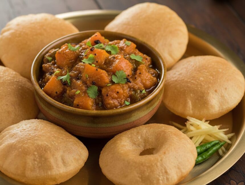 एक पीतल की थाली में गरमा गरम, सुनहरे रंग की फूली हुई पूरियों का ढेर, जिसके बगल में एक कटोरी में खट्टी-मीठी और मसालेदार कद्दू की सब्ज़ी (सीताफल) रखी है। सब्ज़ी पर हरा धनिया गार्निश किया गया है।