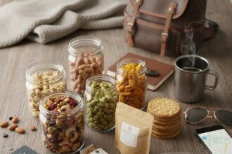 यात्रा के दौरान खाने के लिए ड्राई फ्रूट्स, ट्रेल मिक्स, भुना चना, एनर्जी बार और बिस्कुट का पैक किया हुआ स्नैक्स