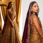 सोभिता धूलिपाला गोल्डन ब्राइडल लहंगे और गहरे लाल दुपट्टे में फोटोशूट के दौरान