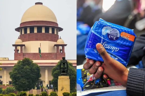 सुप्रीम कोर्ट भवन और हाथ में पकड़ा सैनिटरी पैड, मासिक धर्म स्वच्छता से जुड़ा मुद्दा