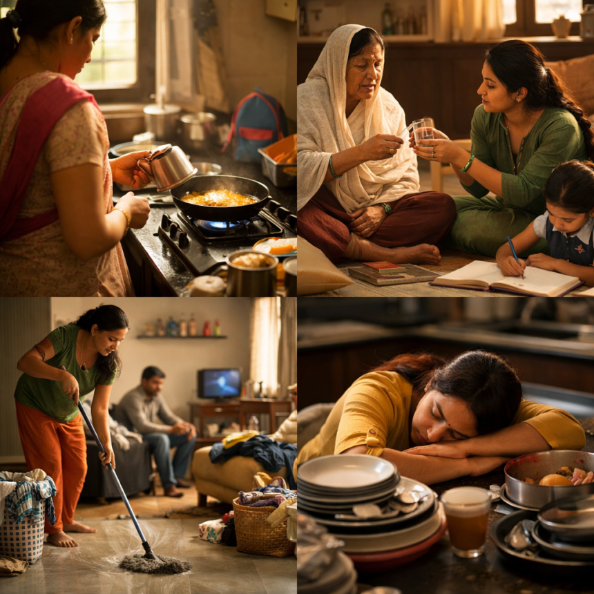 घर के काम करती एक भारतीय महिला, जो अनदेखे घरेलू श्रम को दर्शाती है।