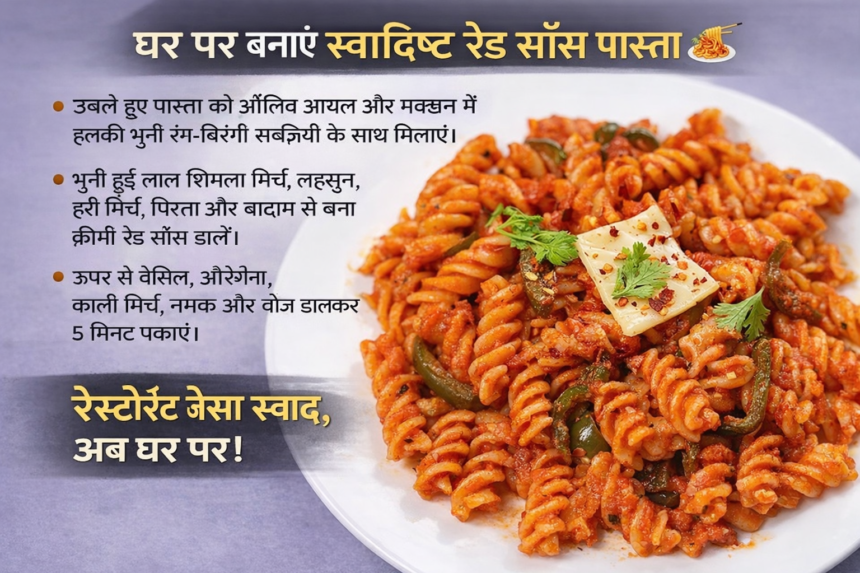 घर पर बना रेस्टोरेंट-स्टाइल क्रीमी रेड सॉस पास्ता, जिसमें रंग-बिरंगी सब्ज़ियां और चीज़ डाली गई है