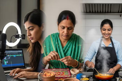 घर पर अपने हुनर से काम करती महिला, घरेलू कौशल को व्यवसाय में बदलते हुए