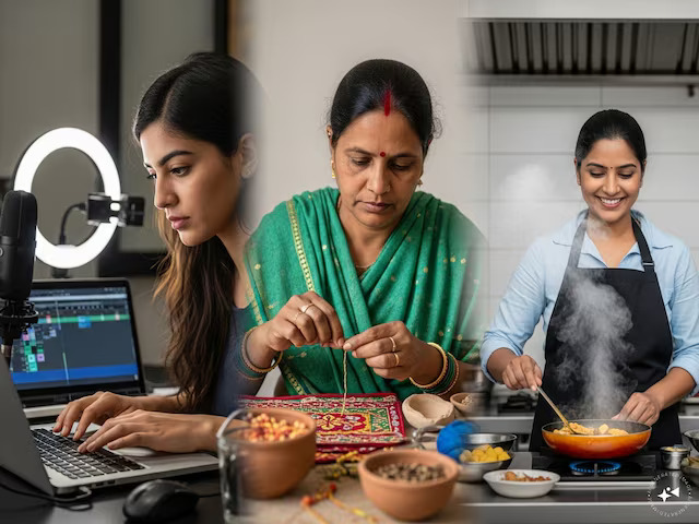 घर पर अपने हुनर से काम करती महिला, घरेलू कौशल को व्यवसाय में बदलते हुए