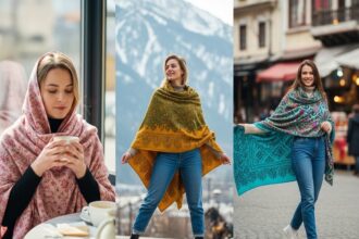 सर्दियों के परिधान में सजी एक महिला, जो शॉल ओढ़े हुए शाही और आकर्षक विंटर लुक में नज़र आ रही है।