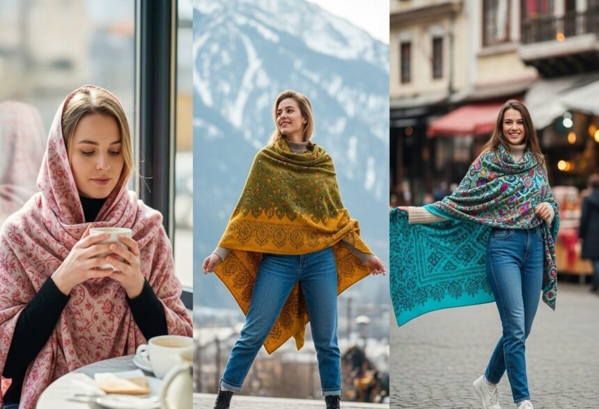 सर्दियों के परिधान में सजी एक महिला, जो शॉल ओढ़े हुए शाही और आकर्षक विंटर लुक में नज़र आ रही है।