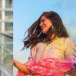 तीन महिलाओं की कोलाज इमेज, जो सफेद और हल्के रंगों के कपड़ों में होली के रंगों के साथ मुस्कुराते हुए पोज दे रही हैं। उनके हाथों और चेहरे पर गुलाल लगा है, और एक महिला रंगों की थाली पकड़े हुए दिखाई दे रही है।