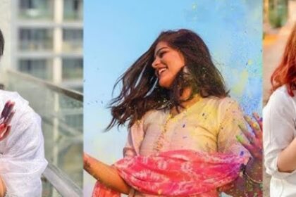 तीन महिलाओं की कोलाज इमेज, जो सफेद और हल्के रंगों के कपड़ों में होली के रंगों के साथ मुस्कुराते हुए पोज दे रही हैं। उनके हाथों और चेहरे पर गुलाल लगा है, और एक महिला रंगों की थाली पकड़े हुए दिखाई दे रही है।