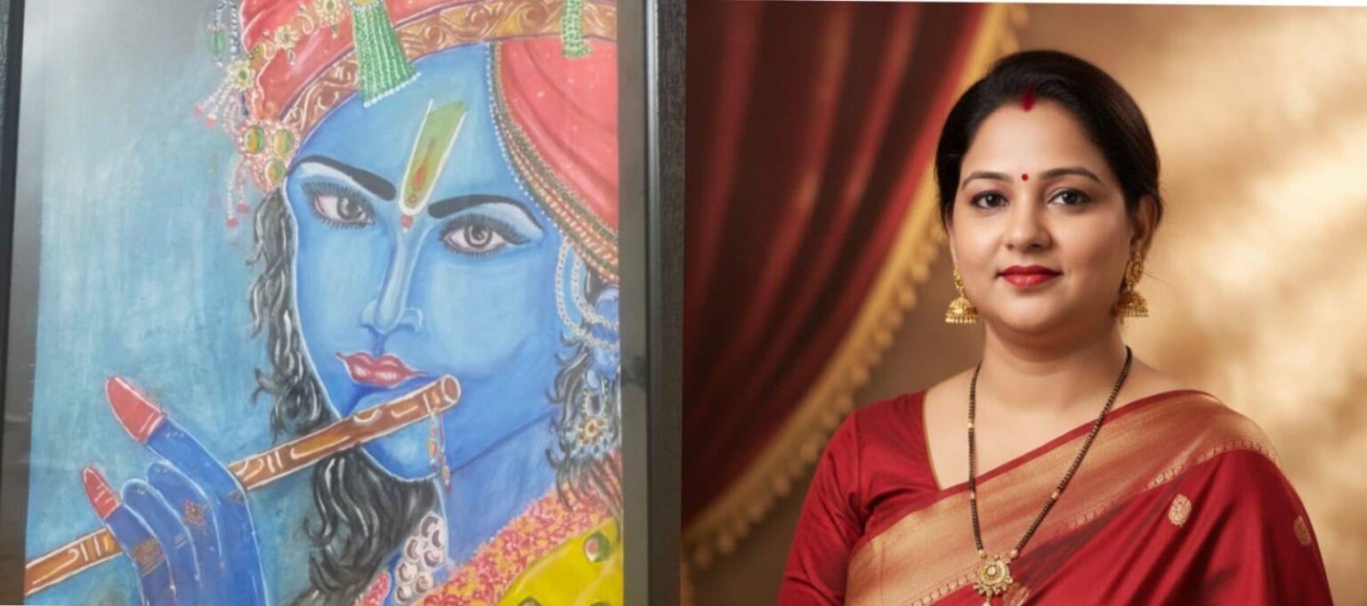 भारतीय कलाकार प्रतिमा अस्थाना अपनी कृष्ण पेंटिंग के साथ, लाल साड़ी में प्रोफेशनल पोर्ट्रेट