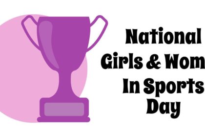 National Girls and Women in Sports Day illustration showing trophy symbolizing women empowerment in sports