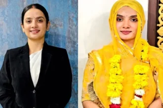 दीपू कंवर की तस्वीर—एक ओर ब्लैक फॉर्मल सूट में प्रोफेशनल लुक और दूसरी ओर पारंपरिक परिधान में सजी हुई