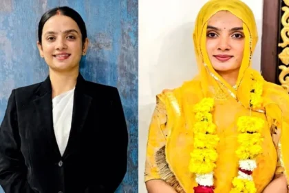 दीपू कंवर की तस्वीर—एक ओर ब्लैक फॉर्मल सूट में प्रोफेशनल लुक और दूसरी ओर पारंपरिक परिधान में सजी हुई