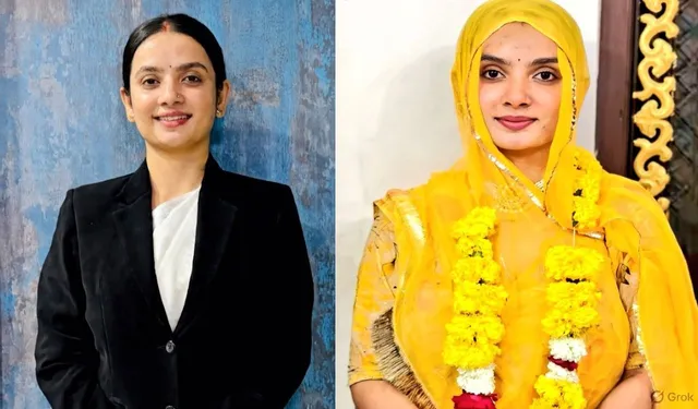 दीपू कंवर की तस्वीर—एक ओर ब्लैक फॉर्मल सूट में प्रोफेशनल लुक और दूसरी ओर पारंपरिक परिधान में सजी हुई