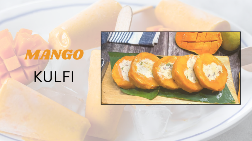 कटे हुए आम के स्लाइस में भरी हुई क्रीमी मैंगो कुल्फी, लकड़ी के बोर्ड पर सुंदर तरीके से सजाई हुई