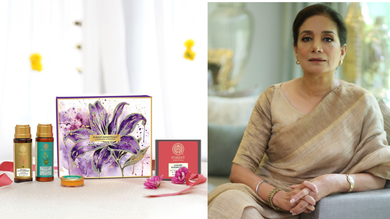 Meera Kulkarni with Forest Essentials luxury Ayurvedic skincare products.