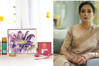 Meera Kulkarni with Forest Essentials luxury Ayurvedic skincare products.