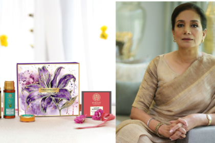 Meera Kulkarni with Forest Essentials luxury Ayurvedic skincare products.