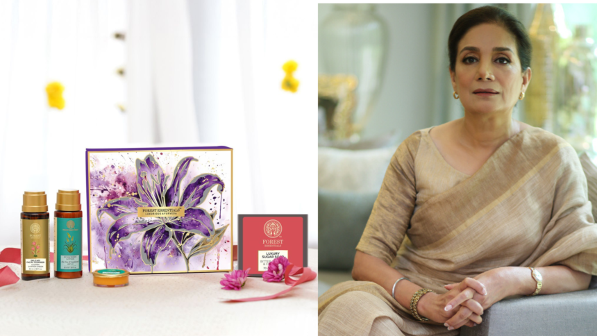 Meera Kulkarni with Forest Essentials luxury Ayurvedic skincare products.