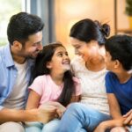 Parents sitting with their children and sharing a happy family moment, highlighting positive parenting, family bonding, and healthy child development.