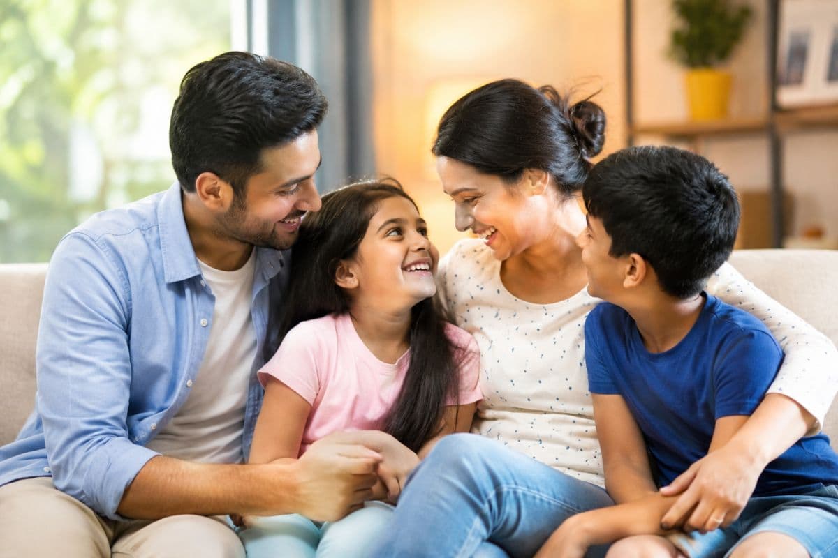 Parents sitting with their children and sharing a happy family moment, highlighting positive parenting, family bonding, and healthy child development.