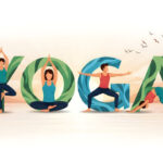 Illustration of the word "YOGA" formed by people performing various yoga poses, symbolizing wellness, balance, mindfulness, and International Yoga Day.