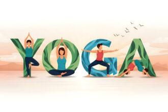 Illustration of the word "YOGA" formed by people performing various yoga poses, symbolizing wellness, balance, mindfulness, and International Yoga Day.