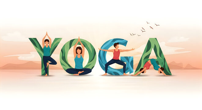 Illustration of the word "YOGA" formed by people performing various yoga poses, symbolizing wellness, balance, mindfulness, and International Yoga Day.