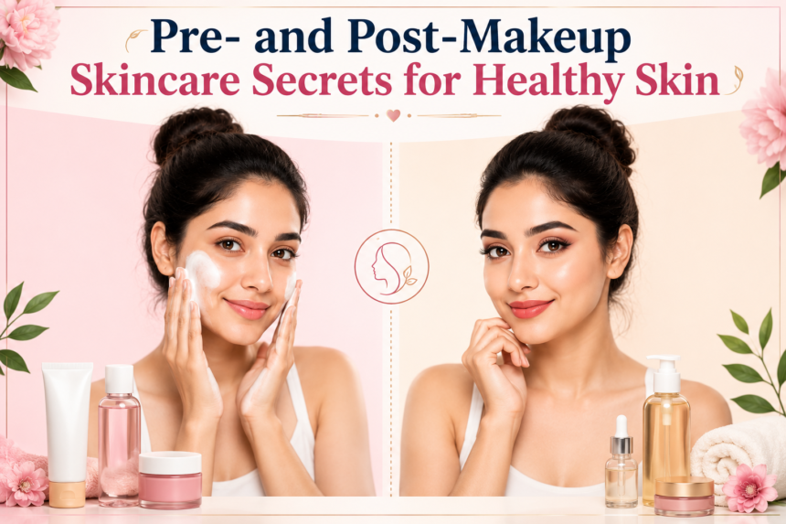 Pre- and Post-Makeup Skincare Secrets for Healthy Skin featuring a woman following skincare routine before and after makeup application with beauty products and a clean wellness-themed background.