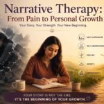A conceptual mental health illustration showing a woman's journey from pain and self-doubt to healing, self-expression, empowerment, and personal growth through Narrative Therapy.