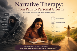 A conceptual mental health illustration showing a woman's journey from pain and self-doubt to healing, self-expression, empowerment, and personal growth through Narrative Therapy.