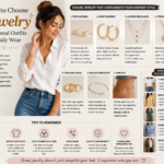 Infographic titled "How to Choose Jewelry for Casual Outfits and Daily Wear," featuring a woman in a white shirt and jeans wearing minimal jewelry. The design showcases stud earrings, hoop earrings, layered necklaces, pendant necklaces, stackable rings, bracelets, and anklets, along with styling tips for different casual outfits.
