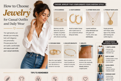 Infographic titled "How to Choose Jewelry for Casual Outfits and Daily Wear," featuring a woman in a white shirt and jeans wearing minimal jewelry. The design showcases stud earrings, hoop earrings, layered necklaces, pendant necklaces, stackable rings, bracelets, and anklets, along with styling tips for different casual outfits.